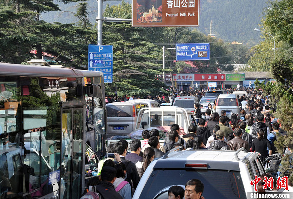 圖為10月26日上午10點(diǎn)多，北京香山路賞紅客摩肩接踵