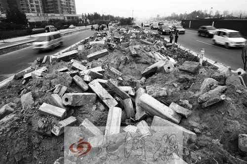 中州大道部分路段，綠化帶成了垃圾場。