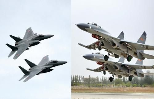 29日，中國空軍查證了進(jìn)入東海防空識別區(qū)的美日軍機(jī)，左圖為進(jìn)入防空識別區(qū)的日本F-15戰(zhàn)機(jī)(資料圖)，右圖為當(dāng)天起飛的中國殲-11飛機(jī)(資料圖)。