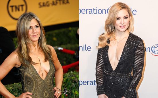 Jennifer Aniston & Kate Hudson出席重要場(chǎng)合也穿低胸裝。（圖片來(lái)源：臺(tái)灣東森新聞云）