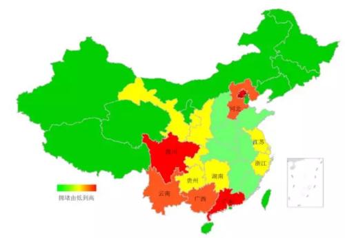 端午期間省域擁堵情況。來源：交通部聯(lián)合其他機(jī)構(gòu)發(fā)布的《2018年端午全國公路網(wǎng)出行預(yù)測報(bào)告》。