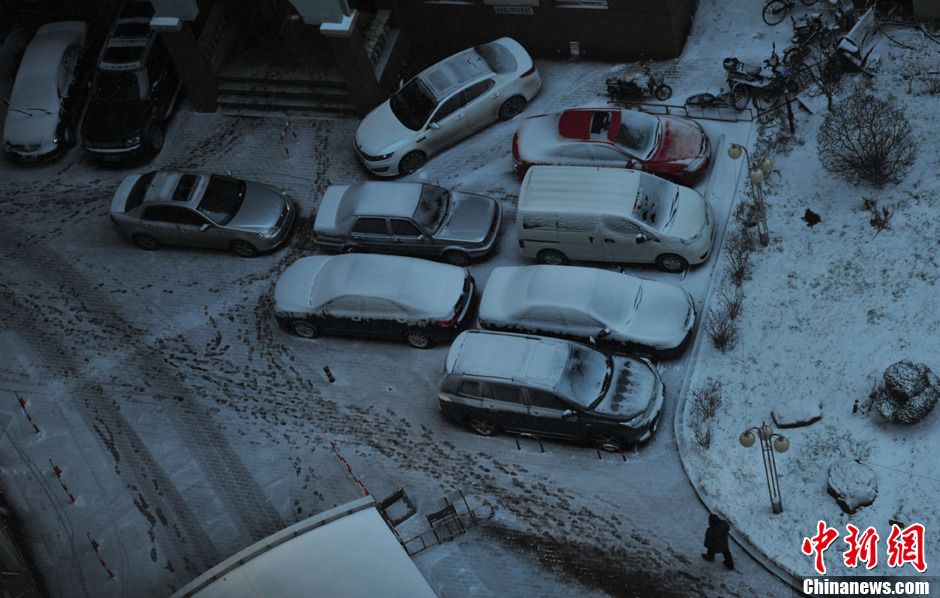 11月18日，沈陽街頭車輛被積雪覆蓋。