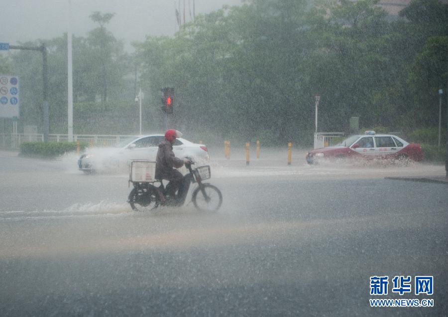 5月11日，車輛在深圳西麗留仙大道涉水前行。