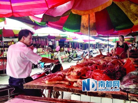  昨日，玉林垌口市場，一位市民在購買狗肉。