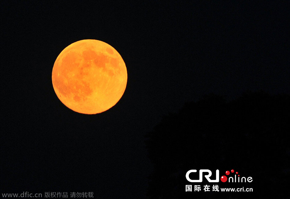 8月10日晚，一輪金燦燦的大月亮在遼寧省大連市東方升起。圖片來源：劉德斌/東方IC