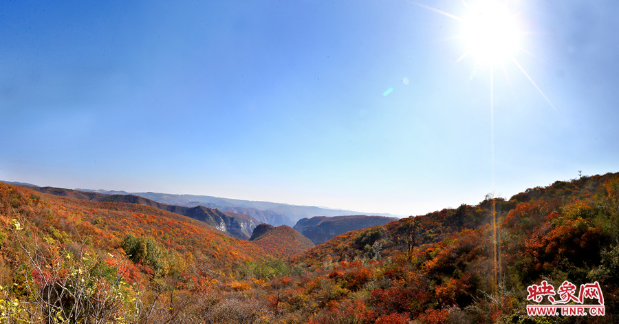 山頂遠(yuǎn)眺，紅葉已經(jīng)綻放出絢麗的色彩