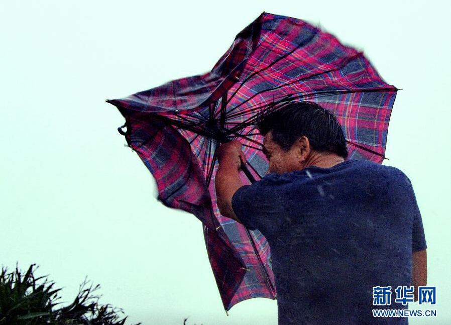 8月8日，福建省石獅市漁民在風(fēng)雨中前行。