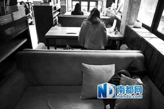12月12日上午，不打烊書店里，12歲的楊東吃完午飯后抱著抱枕蜷在沙發(fā)里睡覺。