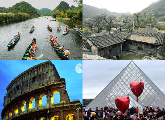 被電視真人秀帶火的旅游景點(diǎn)。左上:云南普者黑;右上:北京靈水村;左下:意大利羅馬;右下:法國巴黎。